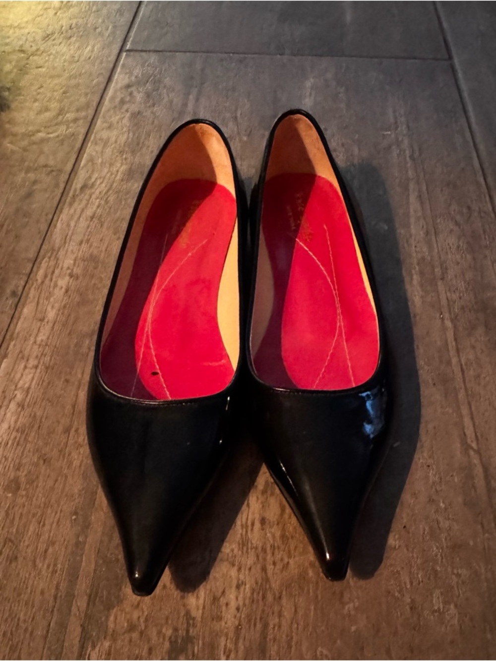 kate spade Black Patent Pointed-Toe Flats with Red Insole